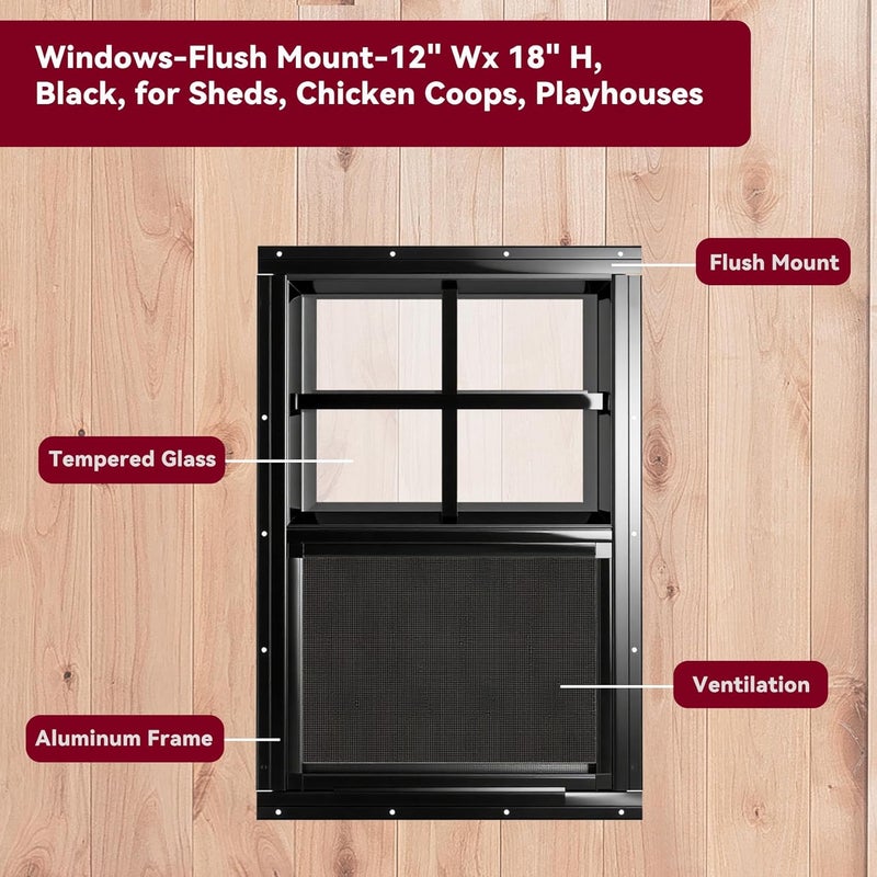 Shineforu 12" x 18" Black Shed Windows 2 Pack,Small Windows with Tempered Glass - Flush Mount | Ultimate Choice for Chicken Coop, Greenhouse, Garage, Playhouse - Image 5